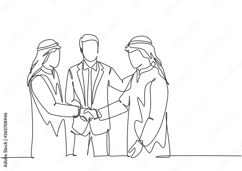 One continuous line drawing of young muslim business man handshake his colleague. Saudi Arabian businessmen with shemag, kandura, scarf, keffiyeh clothing. Single line draw design vector illustration