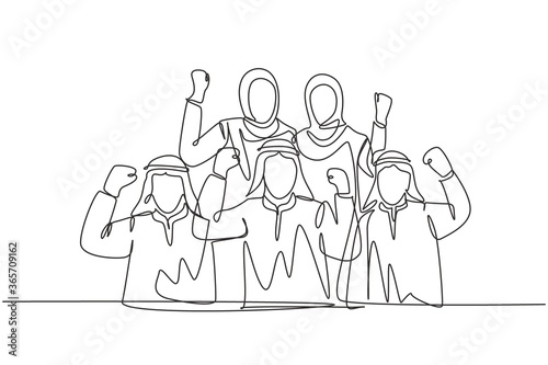 Single continuous line drawing of young muslim sales team celebrate their solid teamwork. Arab middle east businessmen with shmagh, kandura, thawb, robe cloth. One line draw design vector illustration