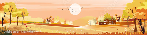Fantasy panorama landscapes of Countryside in autumn,Panoramic of mid autumn with farm field, mountains, wild grass and leaves falling from trees in yellow foliage. Wonderland landscape in fall season