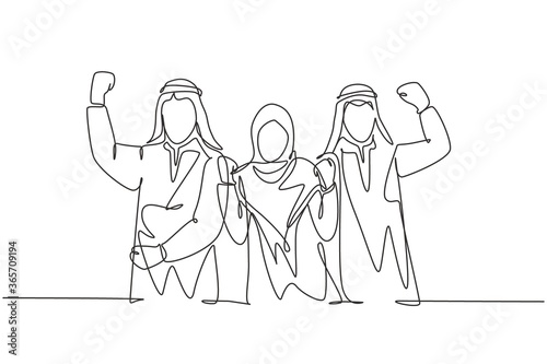 One single line drawing of young happy muslim marketing staff show teamwork. Saudi Arabian businessmen with shmag, kandora, headscarf, thobe, ghutra. Continuous line draw design vector illustration