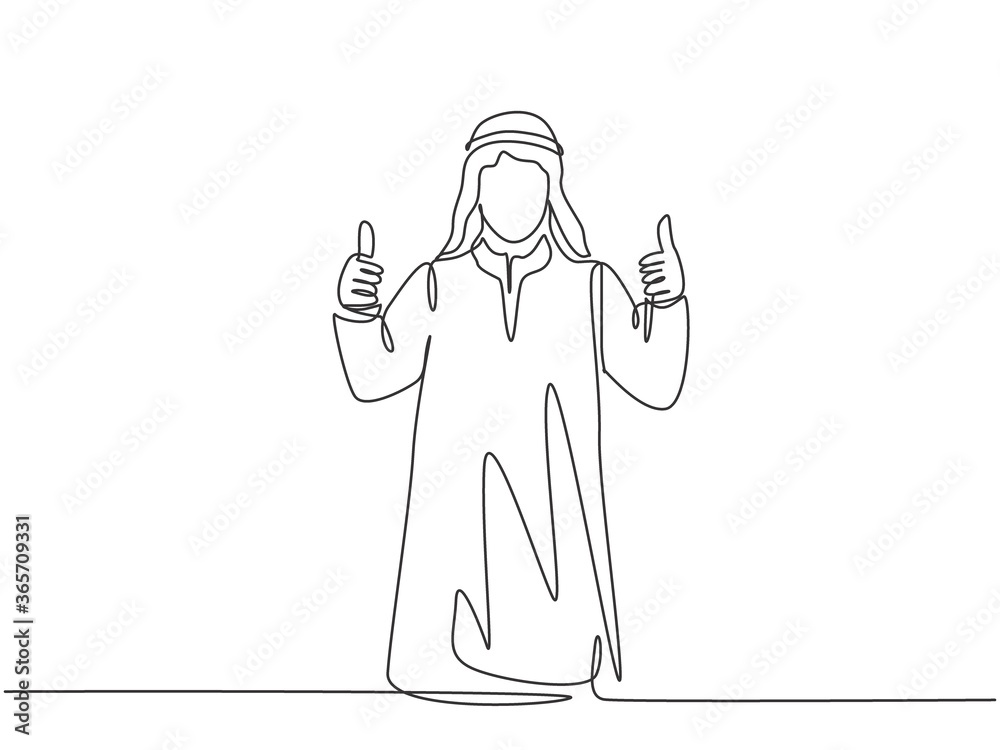 Obraz premium One single line drawing of young happy muslim startup team member giving thumb up gesture. Saudi Arabia cloth shmag, kandora, headscarf, thobe, ghutra. Continuous line draw design vector illustration