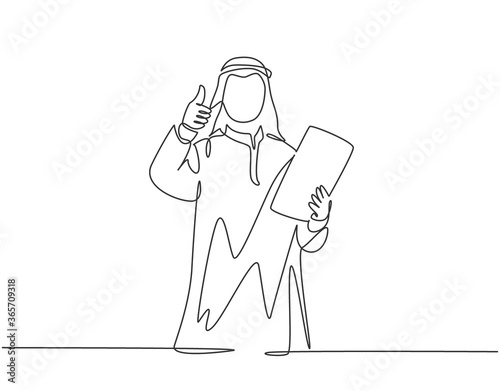 Single continuous line drawing of young muslim business manager give thumbs up and hold company rule policy. Arab middle east cloth shmagh, kandura, robe. One line draw design vector illustration