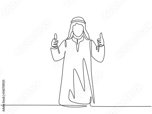 One single line drawing of young happy muslim startup team member giving thumb up gesture. Saudi Arabia cloth shmag, kandora, headscarf, thobe, ghutra. Continuous line draw design vector illustration