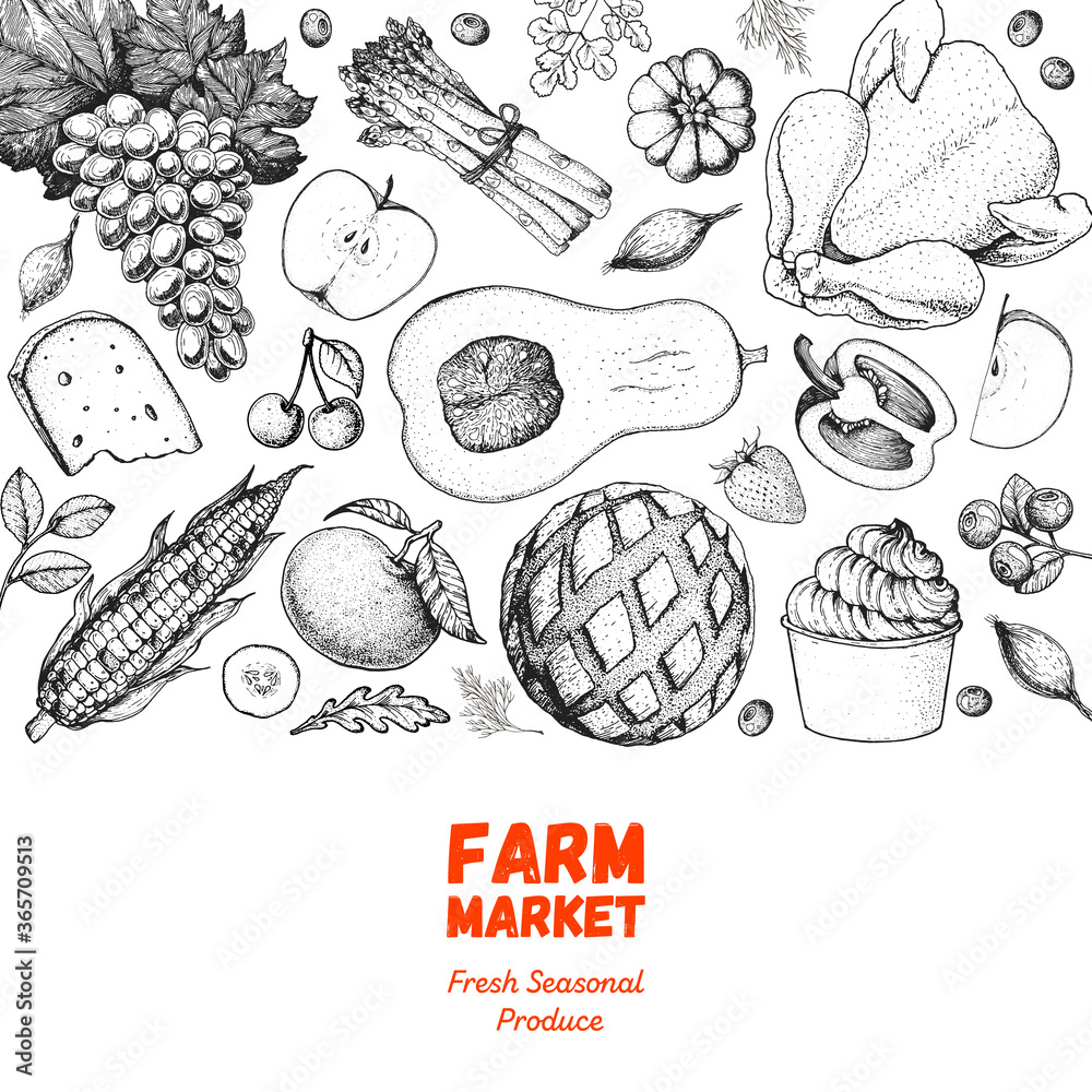 Obraz premium Various food frame. Meat, vegetabeles and fruits. Good food store concept. Organic food illustration. Farmers market design elements. Hand drawn sketch.