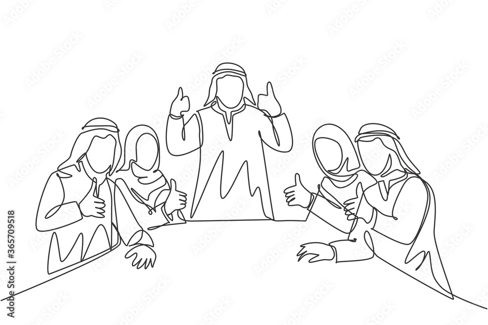 One single line drawing of young happy muslim businessman and his diversity team give thumb up. Saudi Arabia cloth shmag, headscarf, thobe, ghutra. Continuous line draw design vector illustration