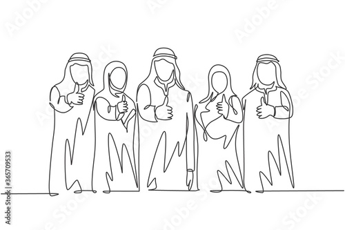 One continuous line drawing of young muslim male and female managers giving thumbs up gestures. Islamic clothing shemag, kandura, scarf, keffiyeh. Single line draw design vector illustration
