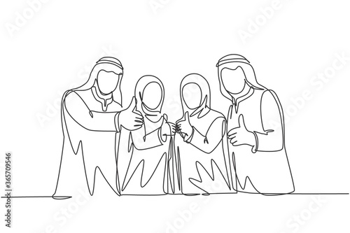 One single line drawing of young happy muslim businesspeople line up neatly and give thumbs up. Saudi Arabia cloth shmag, kandora, headscarf, ghutra. Continuous line draw design vector illustration