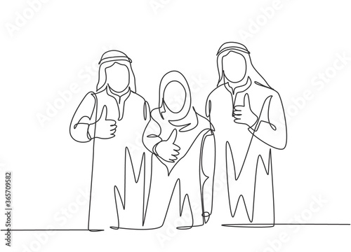 One continuous line drawing of young happy muslim employees giving thumbs up gesture to celebrate job promotion. Islamic clothing shemag, scarf, keffiyeh. Single line draw design vector illustration