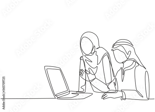 One continuous line drawing of young muslim business couple discussing business proposal to prospective investor. Islamic clothing kandura, scarf, hijab. Single line draw design vector illustration