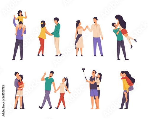 Couples characters. Cartoon boy and girl on date, holding hands walking and spending time together. Vector set illustrations romantic scenes with love happiness couples