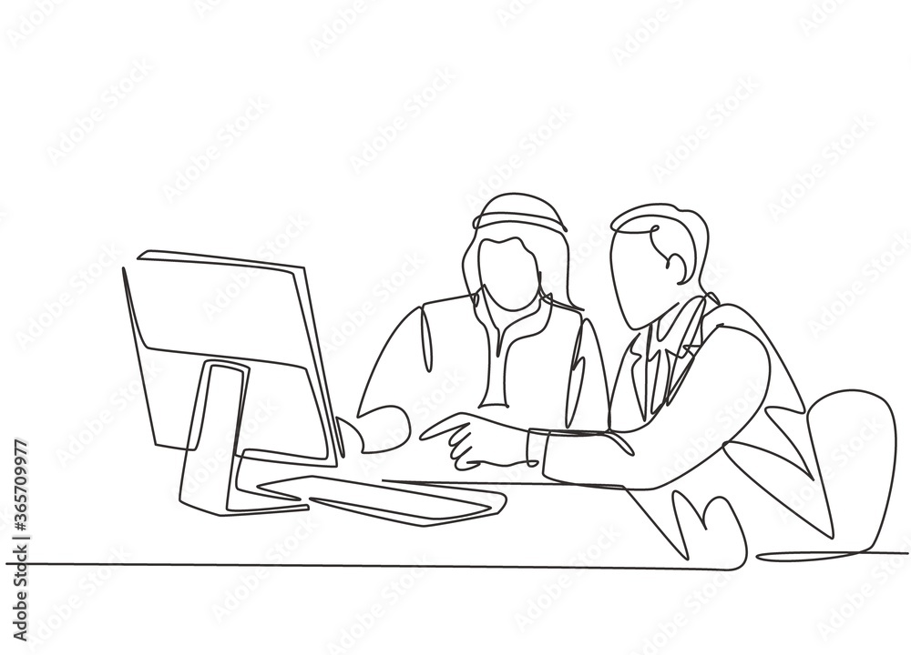 One single line drawing of young happy muslim businessman discussing budget plan with colleague. Saudi Arabia cloth shmag, kandora, headscarf, thobe. Continuous line draw design vector illustration One single line drawing of young happy muslim businessman discussing budget plan with colleague. Saudi Arabia cloth shmag, kandora, headscarf, thobe. Continuous line draw design vector illustration