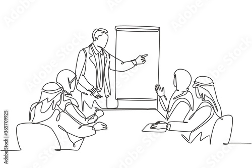 One continuous line drawing of young muslim business coach deliver business training at company meeting. Islamic clothing shemag, kandura, scarf, keffiyeh. Single line draw design vector illustration