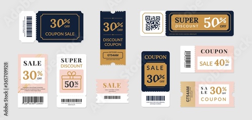 Sale vouchers. Coupon mockup design for sale and gift event posts in social media, discount ticket collection. Vector image banners with promo code offer isolated set