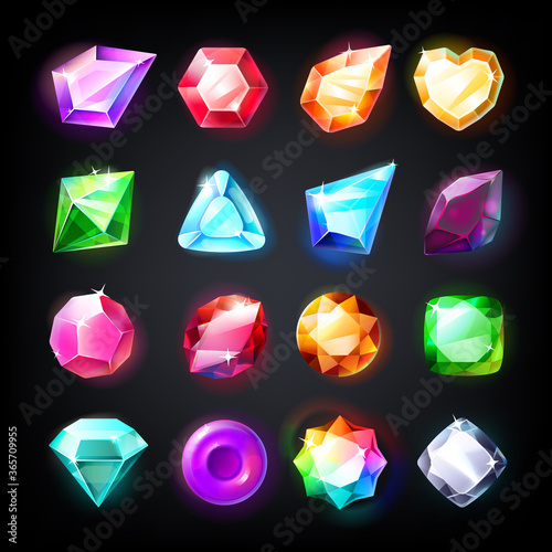 Gems. Cartoon jewelry stones for game achievement and currency, icon set of colored shiny crystals. Vector illustration beautiful game jewels collection photo