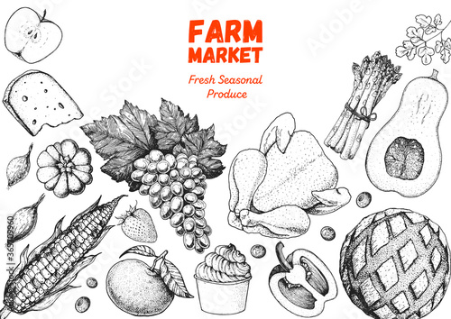 Various food frame. Meat, vegetabeles and fruits. Good food store concept. Organic food illustration. Farmers market design elements. Hand drawn sketch.