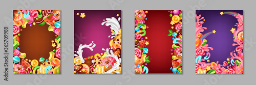 Cartoon candy posters. Background templates with sweets and desserts for kids, chocolate and caramel cakes lollipops and cookies. Vector template colourful banner set photo