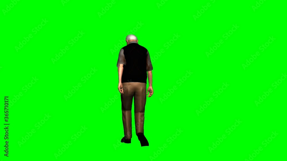 Depressed old man walking on a green screen rear view.