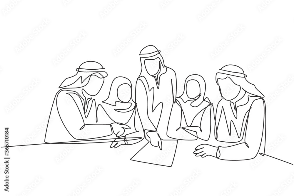 One continuous line drawing of young muslim businesspeople discussing deal project together while team meeting. Islamic clothing shemag, scarf, hijab. Single line draw design vector illustration One continuous line drawing of young muslim businesspeople discussing deal project together while team meeting. Islamic clothing shemag, scarf, hijab. Single line draw design vector illustration