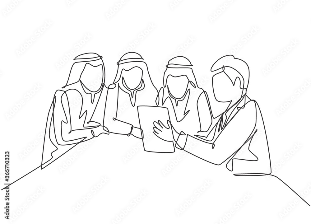 Obraz One single line drawing of young happy muslim businessman and colleagues discussing business. Saudi Arabia cloth shmag, kandora, headscarf, thobe. Continuous line draw design vector illustration