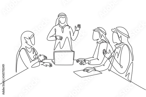 Single continuous line drawing of young muslim businessman presenting proposal business to prospective investor. Arab middle east cloth kandura, thawb, robe. One line draw design vector illustration