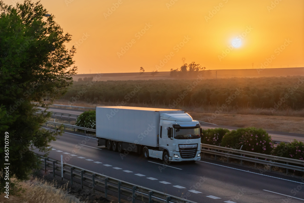Truck with refrigerated semi-trailer driving on the highway