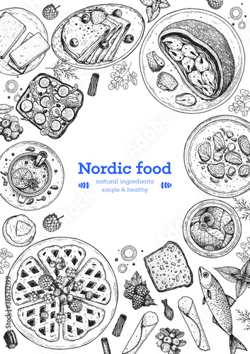 Scandinavian cuisine top view frame. Smorgasbord illustration. A set of Scandinavian dishes . Food menu design template. Vintage hand drawn sketch vector illustration. Engraved image
