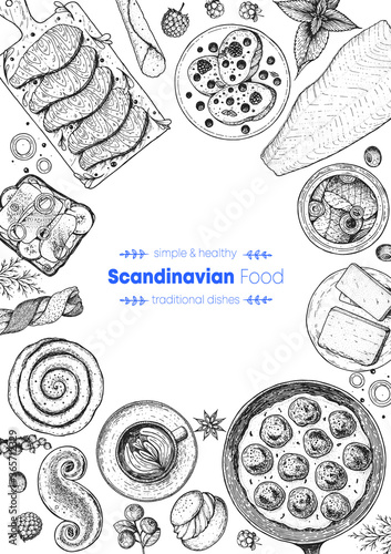 Scandinavian cuisine sketch collection. Hand drawn vector illustration. Food menu design template, engraved elements. Scandinavian food set. Smorgasbord illustration.