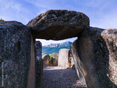 Dolmen de San Martin in Laguardia in the Rioja Alavesa with the Sierra de Cantabria in the background. Alava, Basque Country, Spain, Europe photo