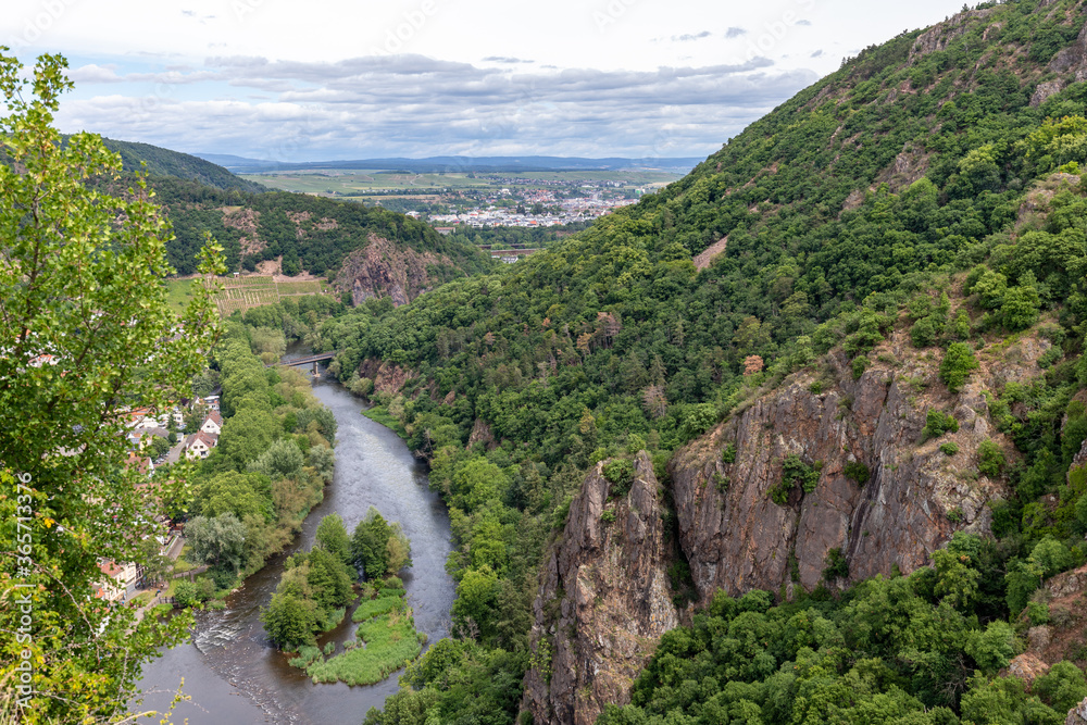Scenic view from Rheingrafenstein at landscape with river nahe