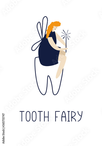 Fairy sitting on the tooth. Simple childish illustration in flat style