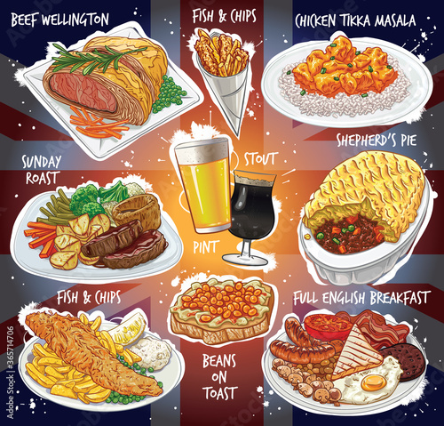 Hand drawn vector illustration set of English cuisine varieties.