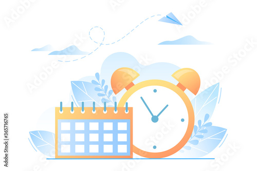 Calendar and clock. Time management concept, organization of working time, deadline.  Vector flat business illustration for web design.