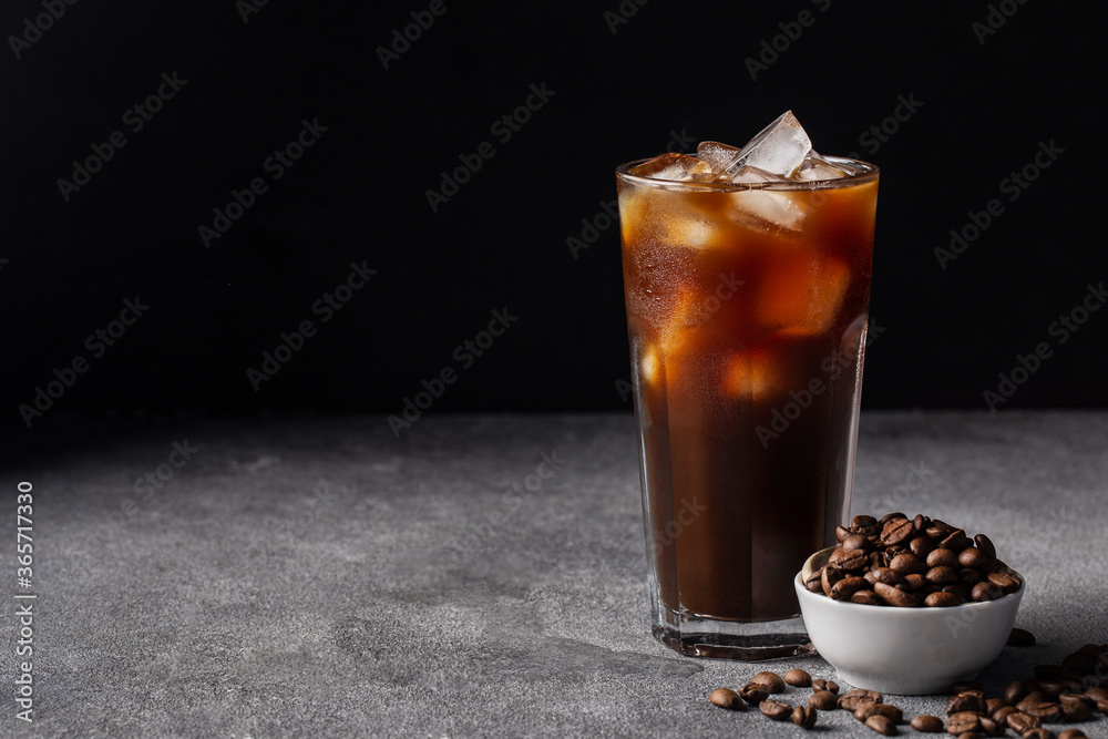 cold iced coffee on a dark background coffee beans, summer drink cold iced coffee on a dark background coffee beans, summer drink