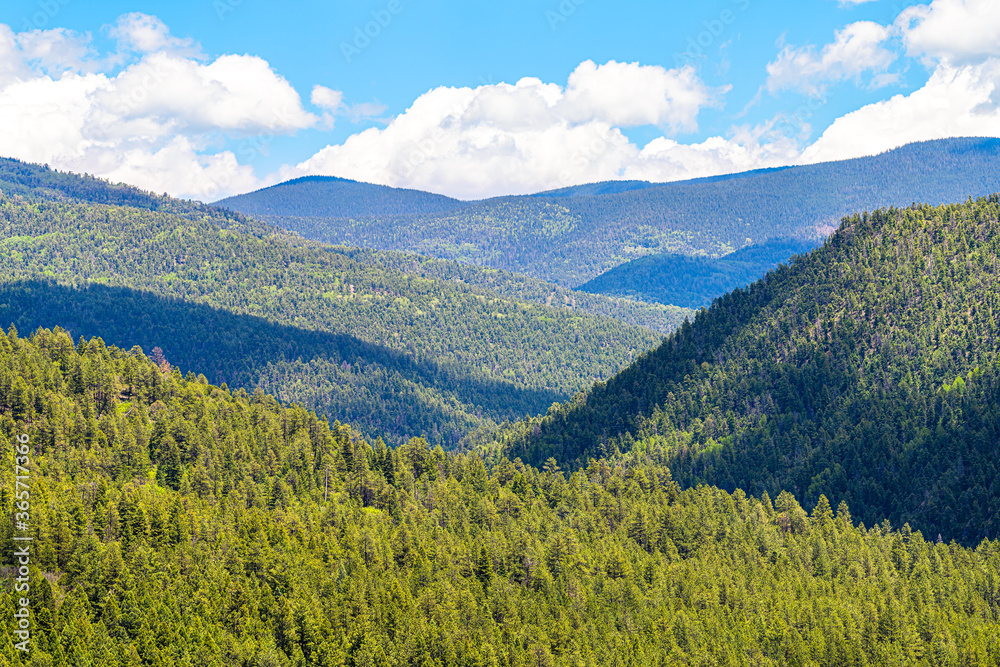 Carson National Forest above view with Sangre de Cristo mountains and green pine trees in summer and peak overlook from route 76 high road to Taos