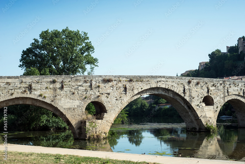 retail of old roman bridge and cathedral St Nazaire background in Beziers the city in south  France