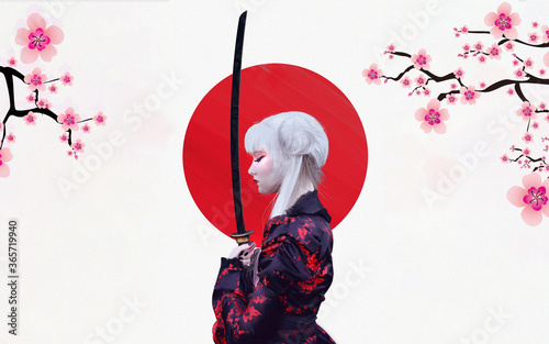 Samurai girl on japan flag background