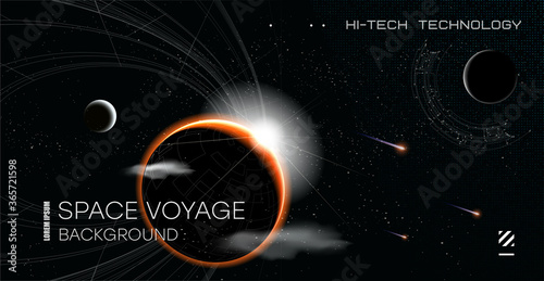 Vector illustration of space, planets and galaxy for poster, banner or background.