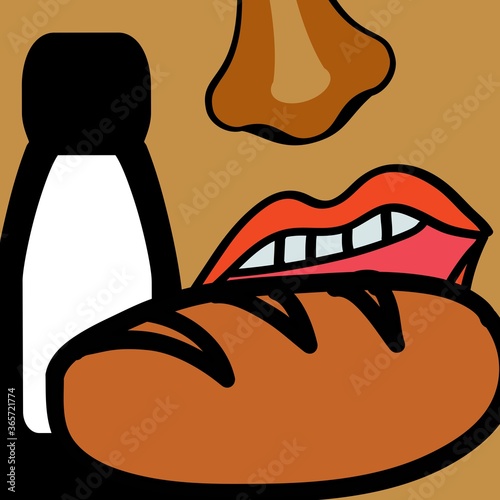 mouth biting a loaf  beside of white bottle 