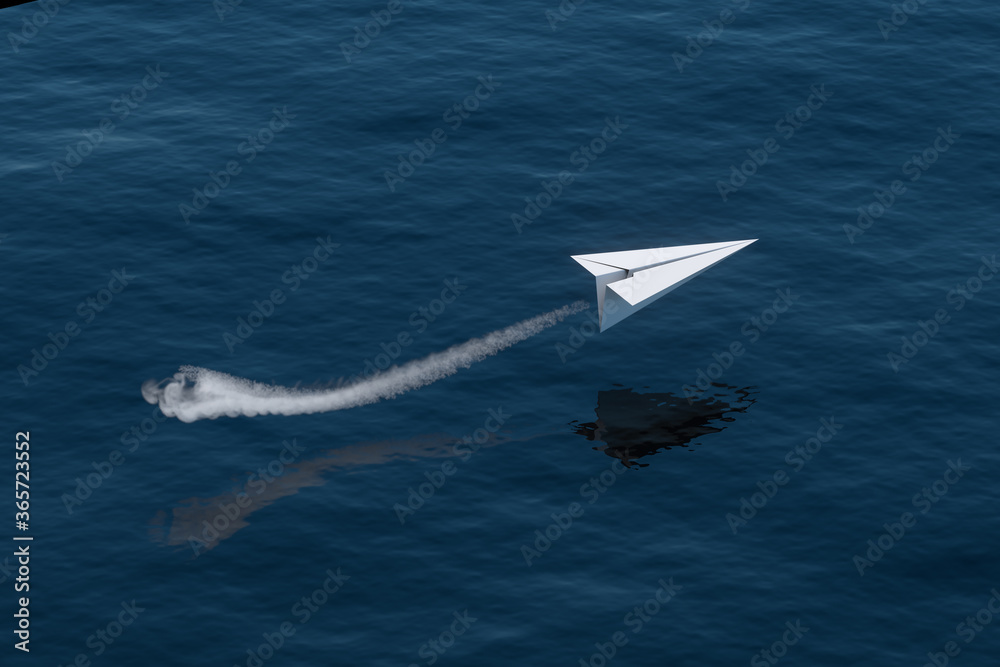 Jet paper plane fly over the ocean, 3d rendering. Jet paper plane fly over the ocean, 3d rendering.