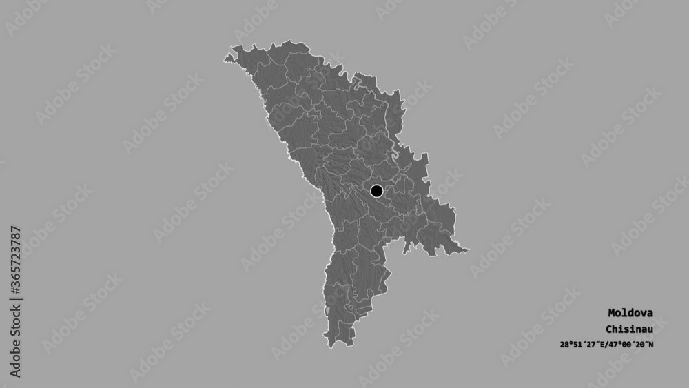 Ungheni, district of Moldova, with its capital, localized, outlined and zoomed with informative overlays on a bilevel map in the Stereographic projection. Animation 3D Ungheni, district of Moldova, with its capital, localized, outlined and zoomed with informative overlays on a bilevel map in the Stereographic projection. Animation 3D