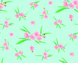 Seamless floral pattern. Image for background, for textile or wallpaper design. Oleander blossom, rose flowers and green leaves on blue background. Botanical tiles