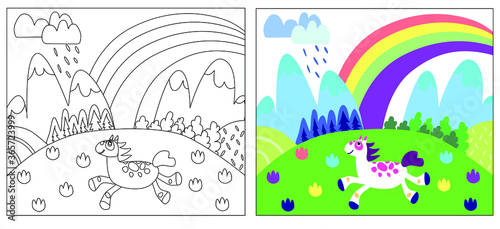 Coloring game for children. Kids educational activity. Cute horse and nature in cartoon style