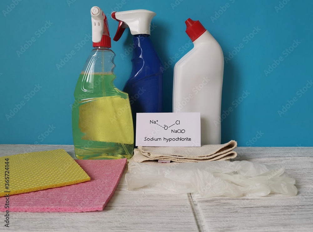 Structural chemical formula of sodium hypochlorite with cleaning