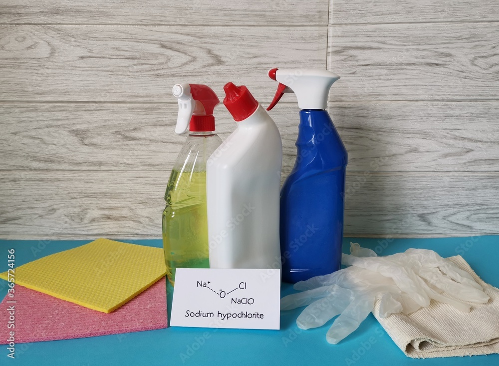 Structural chemical formula of sodium hypochlorite with cleaning