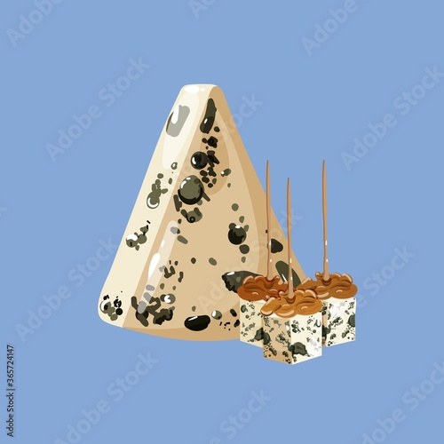 Roquefort blue cheese and canapes appetizer snacks with walnuts. Vector illustration.