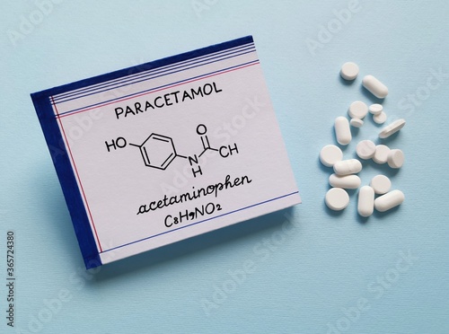 Canvas Print Structural chemical formula of paracetamol molecule with pills and tablets in the background