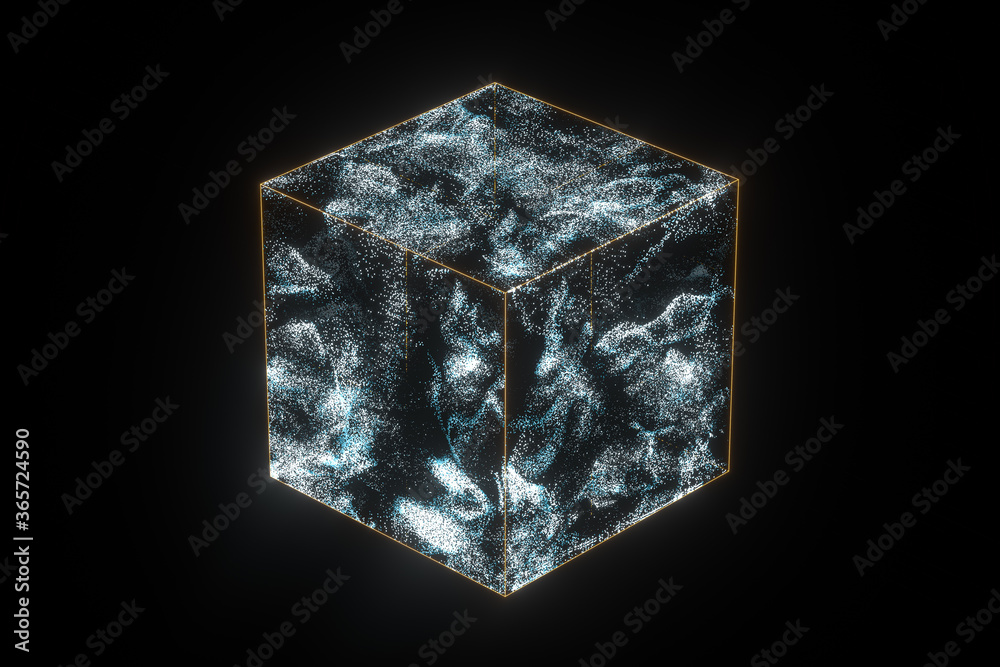 Glass cube with glowing particles inside, 3d rendering. Glass cube with glowing particles inside, 3d rendering.
