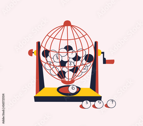 Vintage bright vector illustration of Spanish Christmas Lottery draw. Spherical cage with wooden balls with winning ticket numbers. Spanish traditional El Gordo prize. Festive decoration advertising