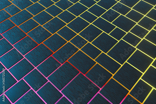 Tile cubes with colorful glowing gap  3d rendering.