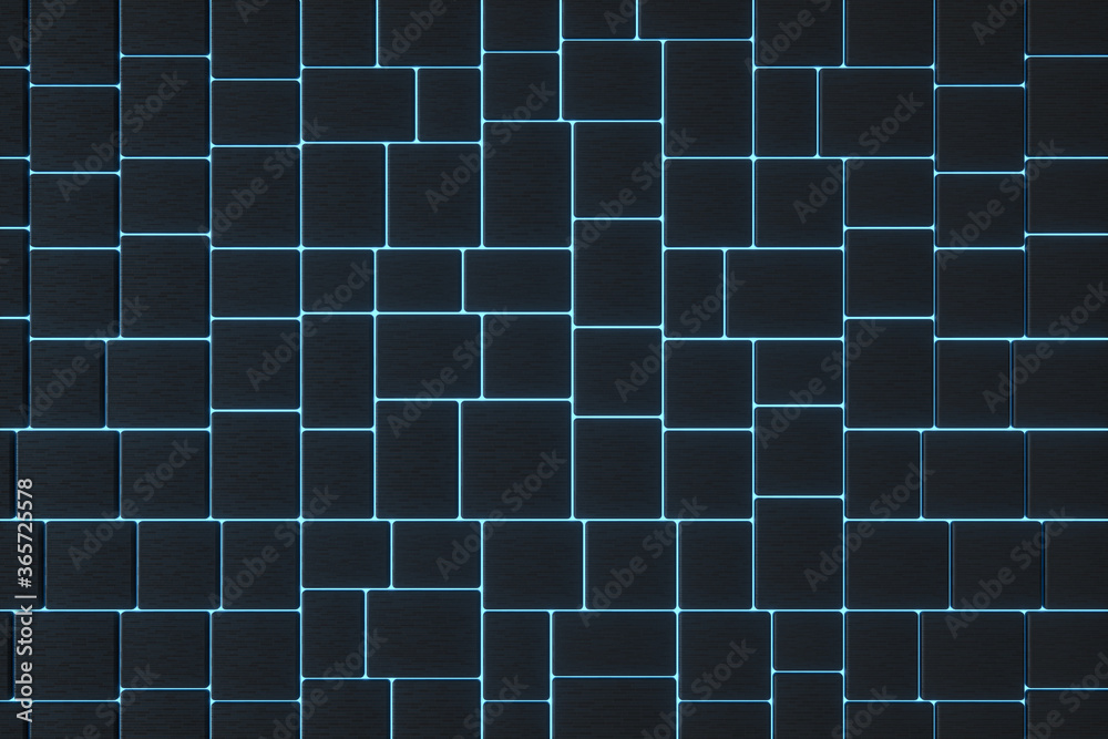 Tile cubes with glowing lines gap, 3d rendering.